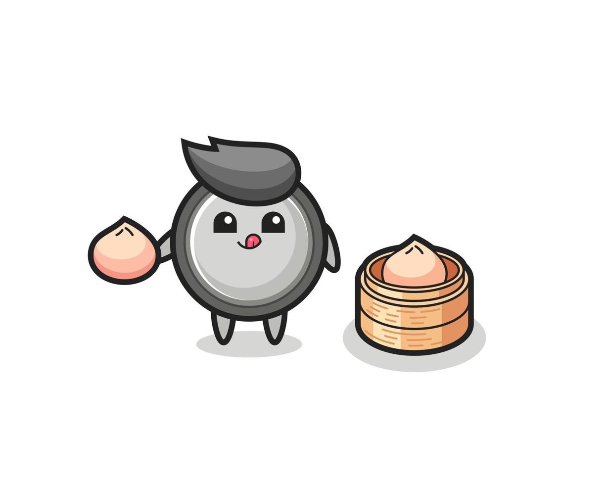 cute button cell character eating steamed buns vector