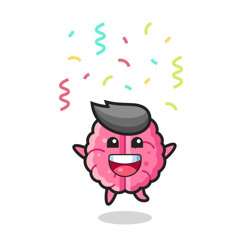 Feliz mascota del cerebro saltando de felicitación con confeti de colores vector