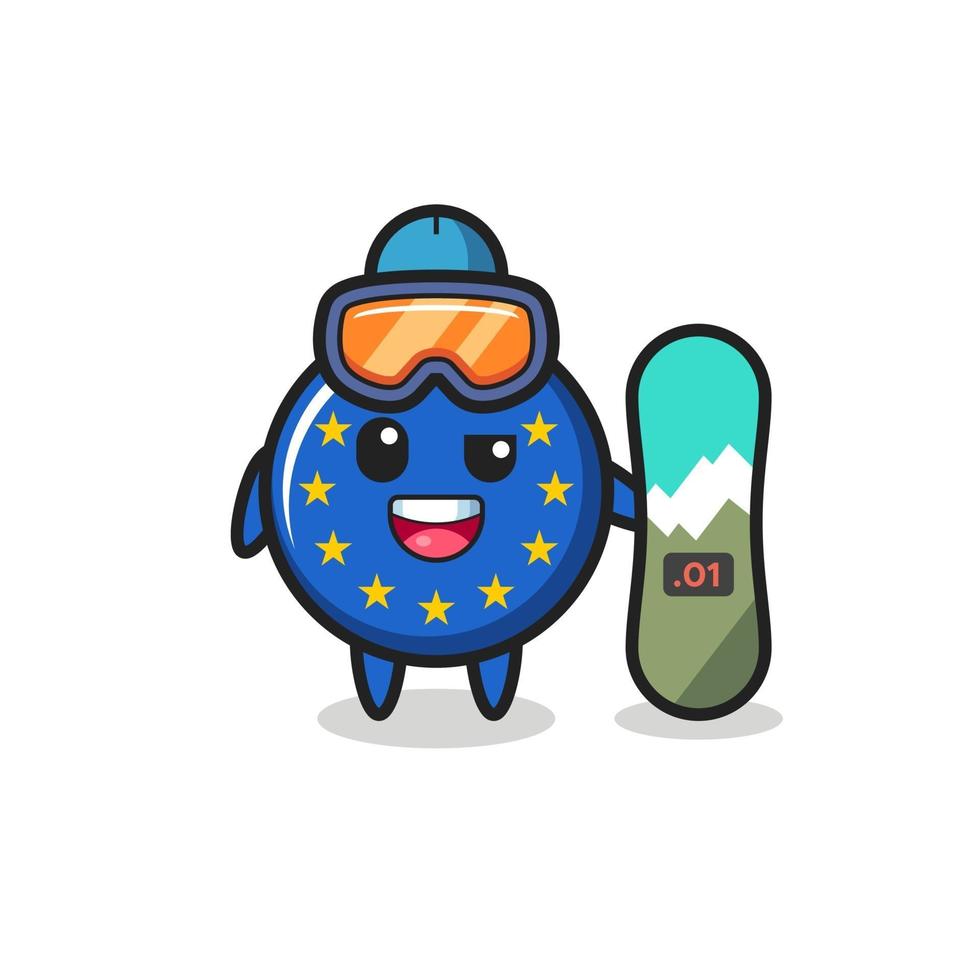 Ilustración del personaje de la insignia de la bandera de Europa con estilo de snowboard vector
