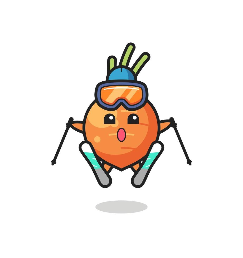 Personaje de mascota de zanahoria como jugador de esquí. vector