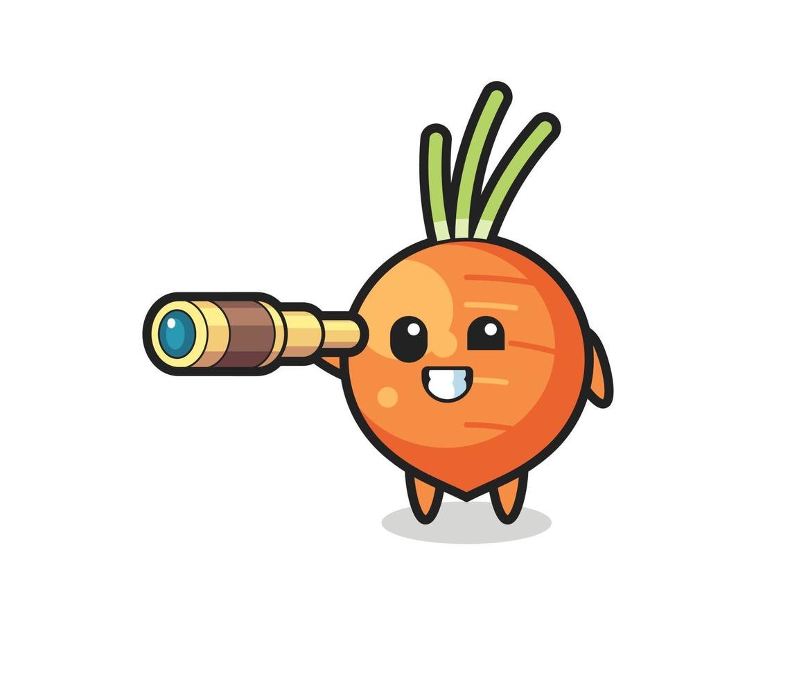 cute carrot character is holding an old telescope vector