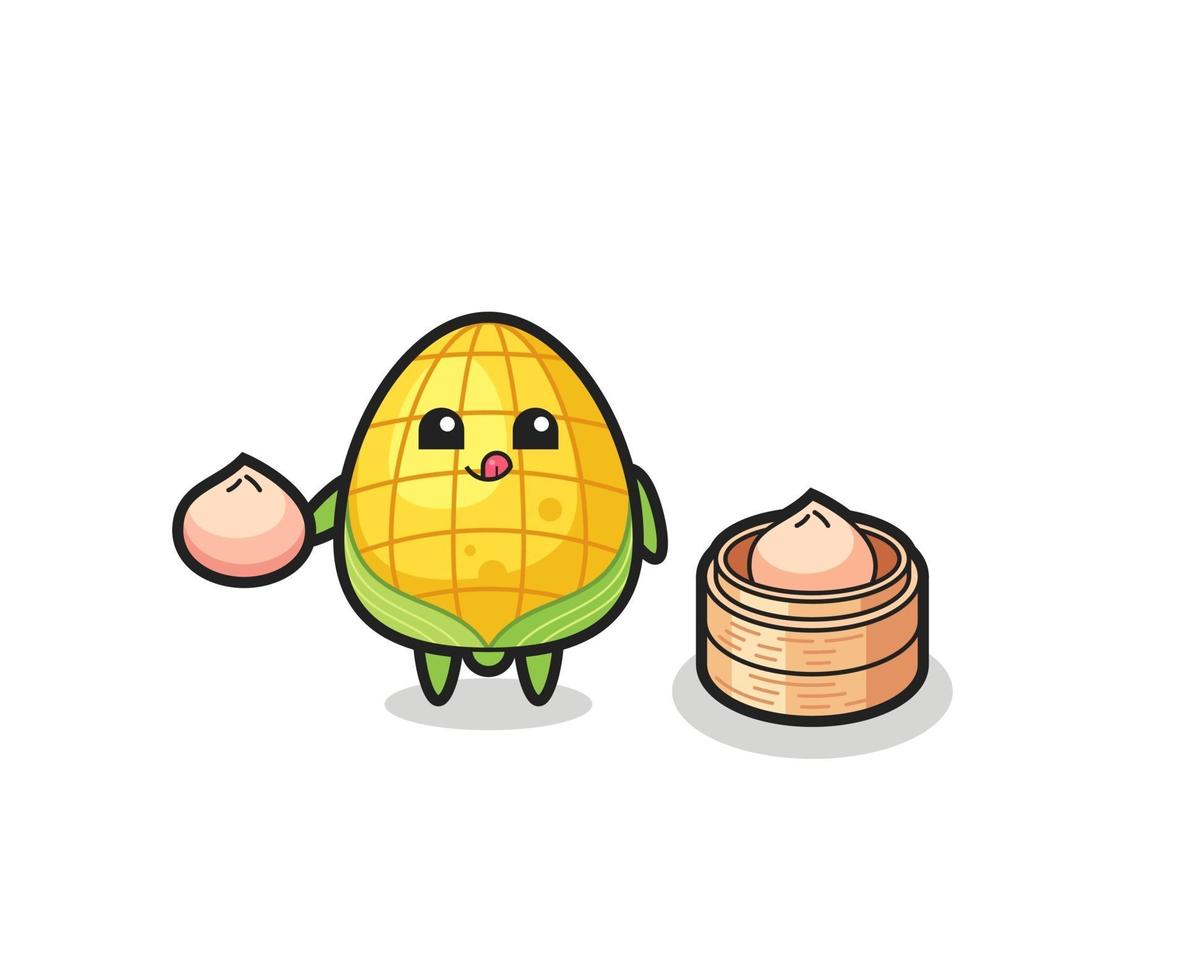 cute corn character eating steamed buns vector