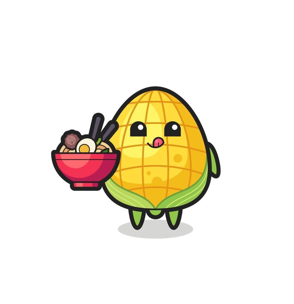 lindo personaje de maíz comiendo fideos vector