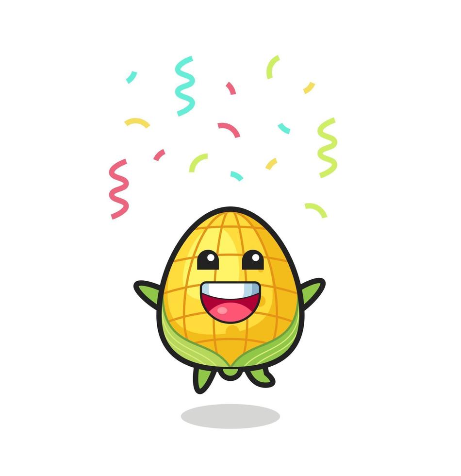 Mascota de maíz feliz saltando de felicitación con confeti de colores vector