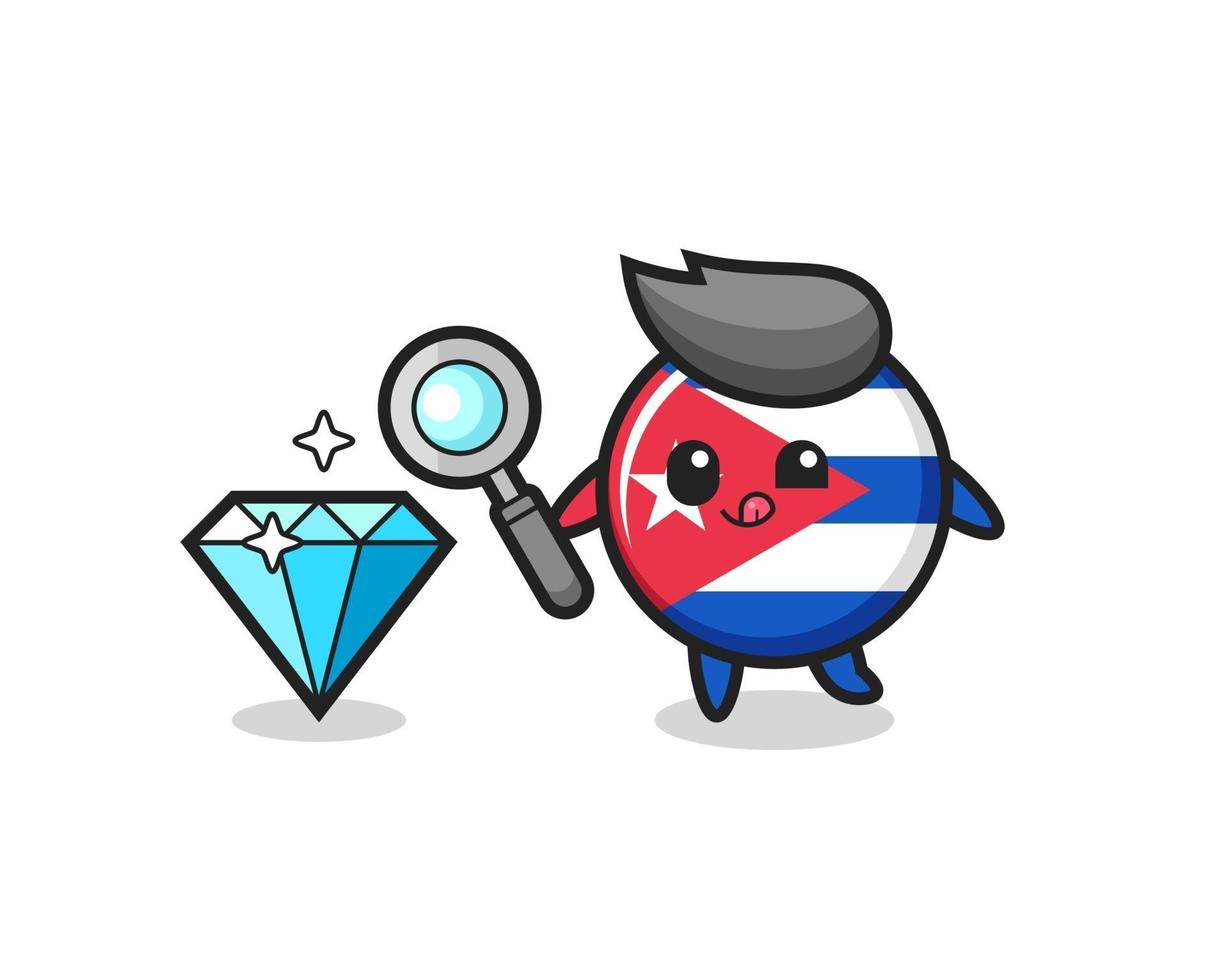 la mascota de la insignia de la bandera de cuba está comprobando la autenticidad de un diamante vector