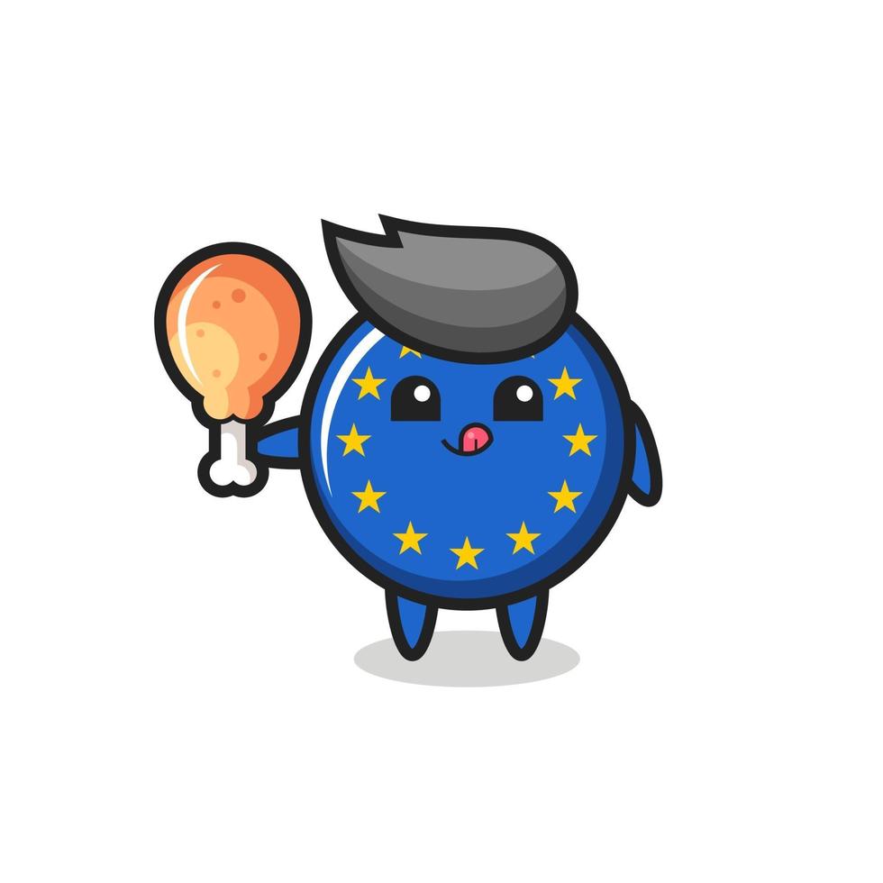 insignia de la bandera de europa linda mascota está comiendo un pollo frito vector