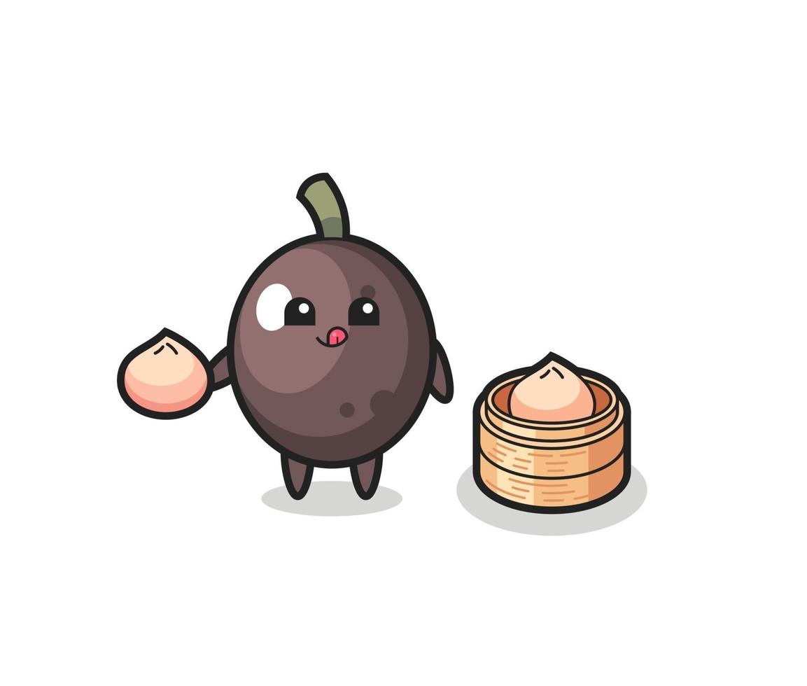 cute black olive character eating steamed buns vector