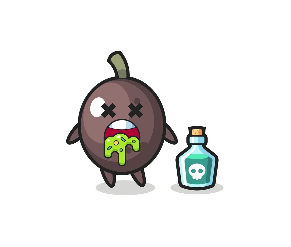 illustration of an black olive character vomiting due to poisoning vector