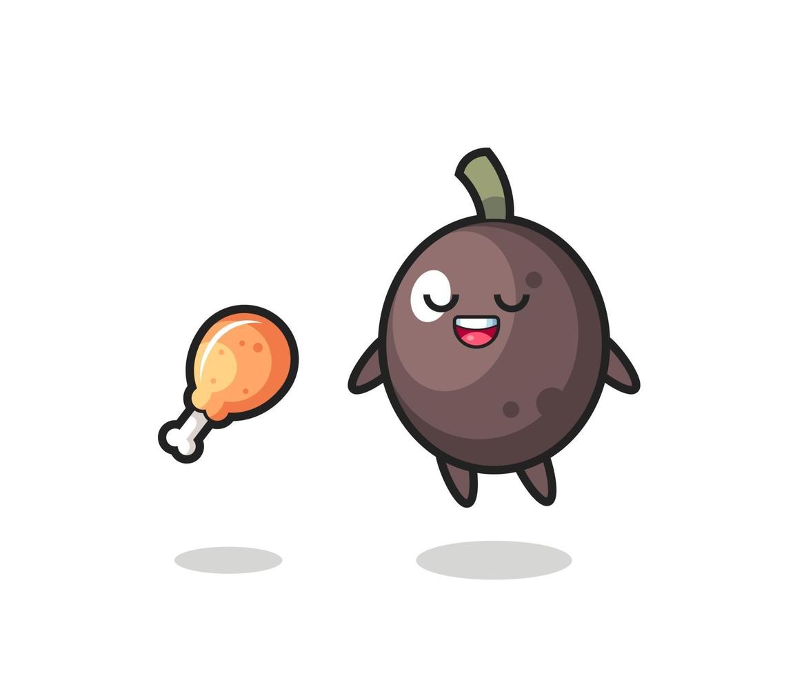 cute black olive floating and tempted because of fried chicken vector