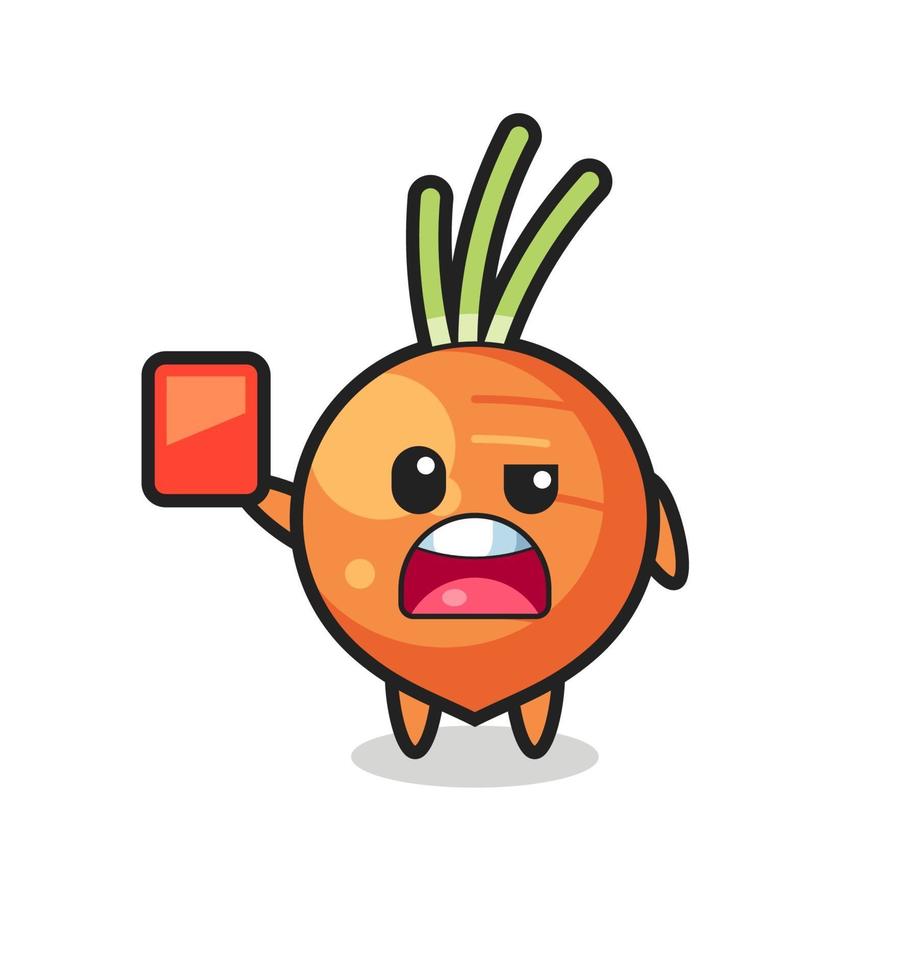 zanahoria linda mascota como árbitro dando una tarjeta roja vector