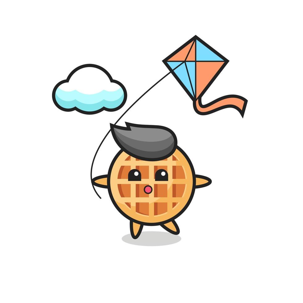 circle waffle mascot illustration is playing kite vector