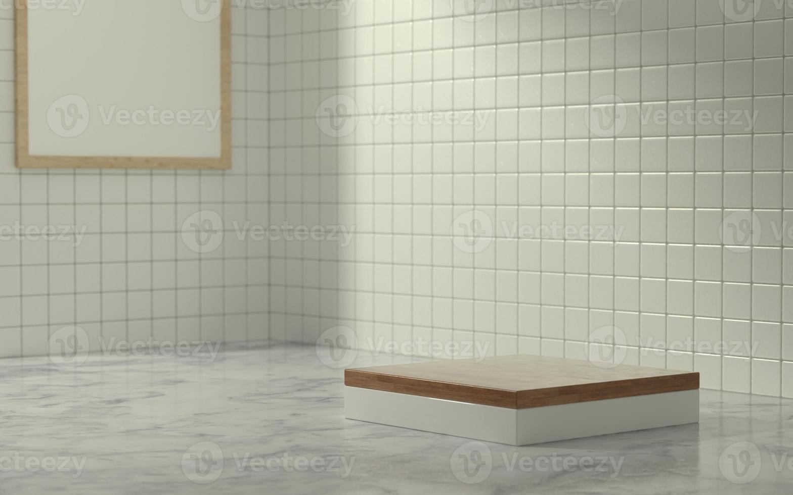 Escenario de producto 3d en escena de baño con luz de sol matutino foto