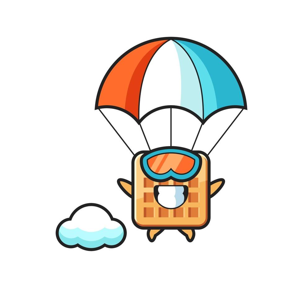 waffle mascot cartoon is skydiving with happy gesture vector