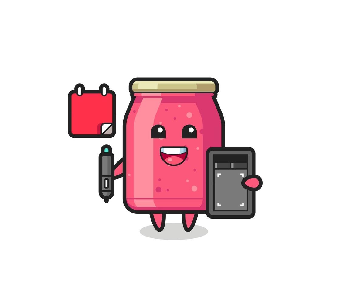 Ilustración de la mascota de mermelada de fresa como diseñador gráfico vector