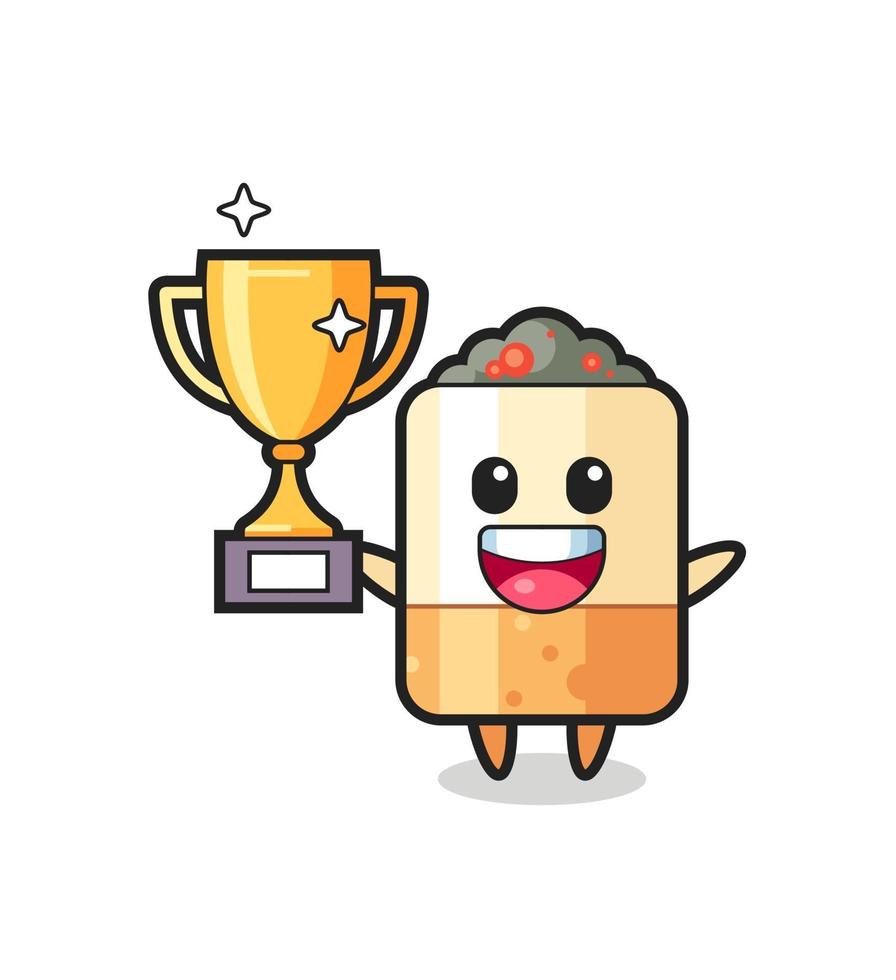 Illustration of cigarette is happy holding up the golden trophy vector