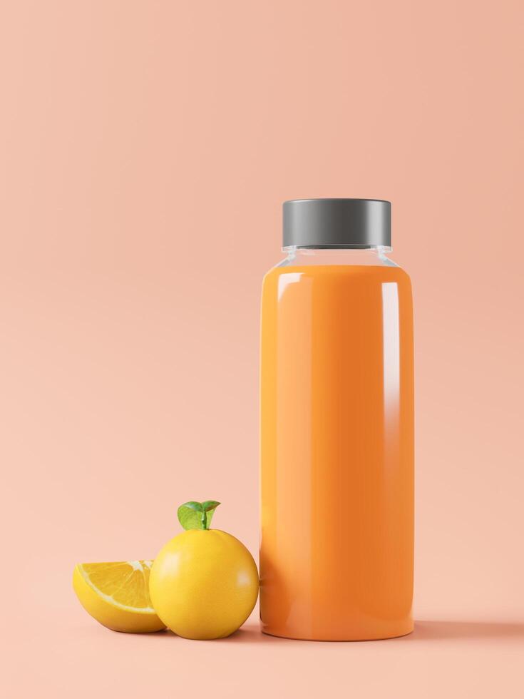 A bottle used for packing orange juice with oranges. photo