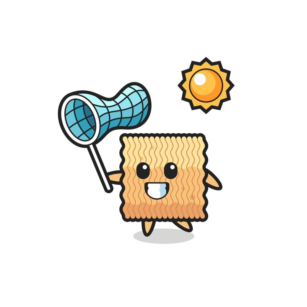 raw instant noodle mascot illustration is catching butterfly vector