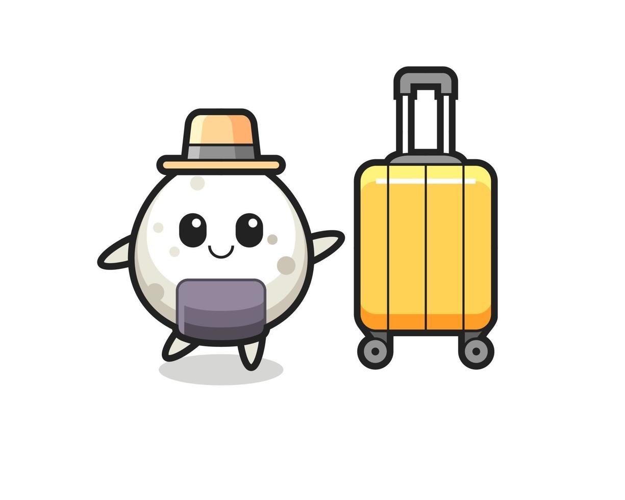 onigiri cartoon illustration with luggage on vacation vector