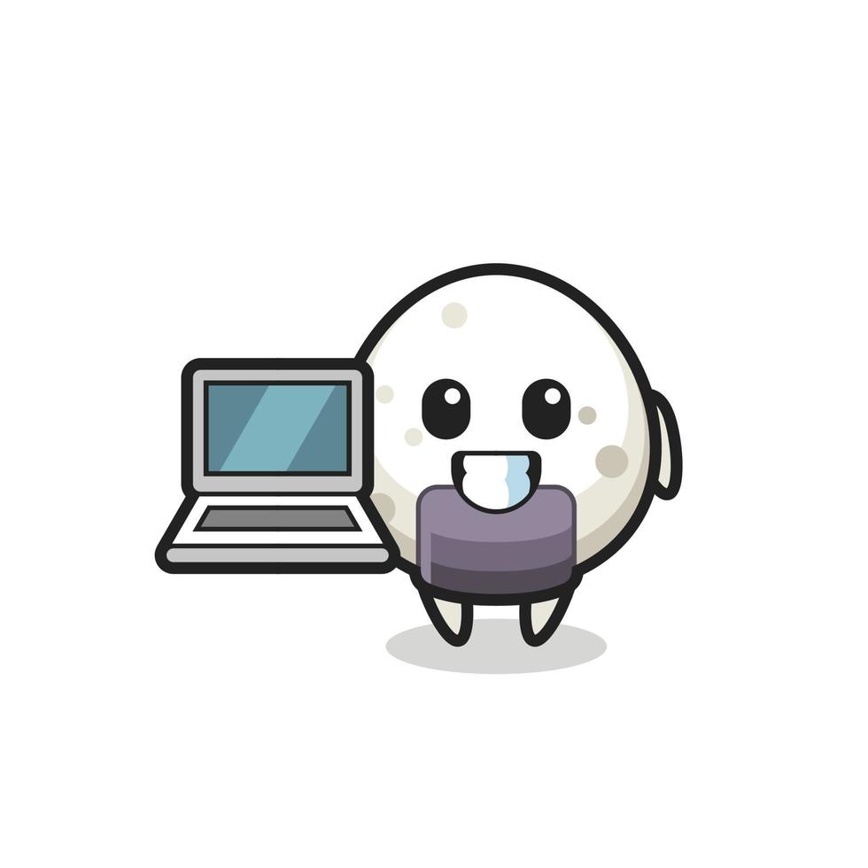 Ilustración de mascota de onigiri con una computadora portátil vector