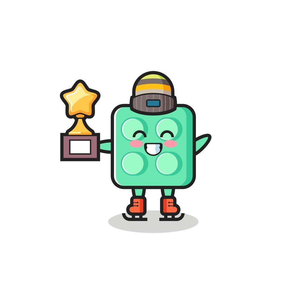 brick toy cartoon as an ice skating player hold winner trophy vector