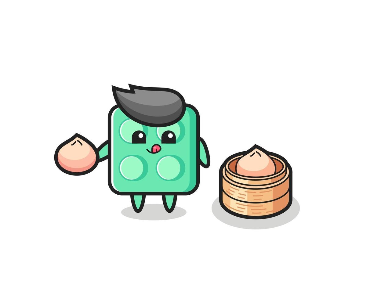 cute brick toy character eating steamed buns vector