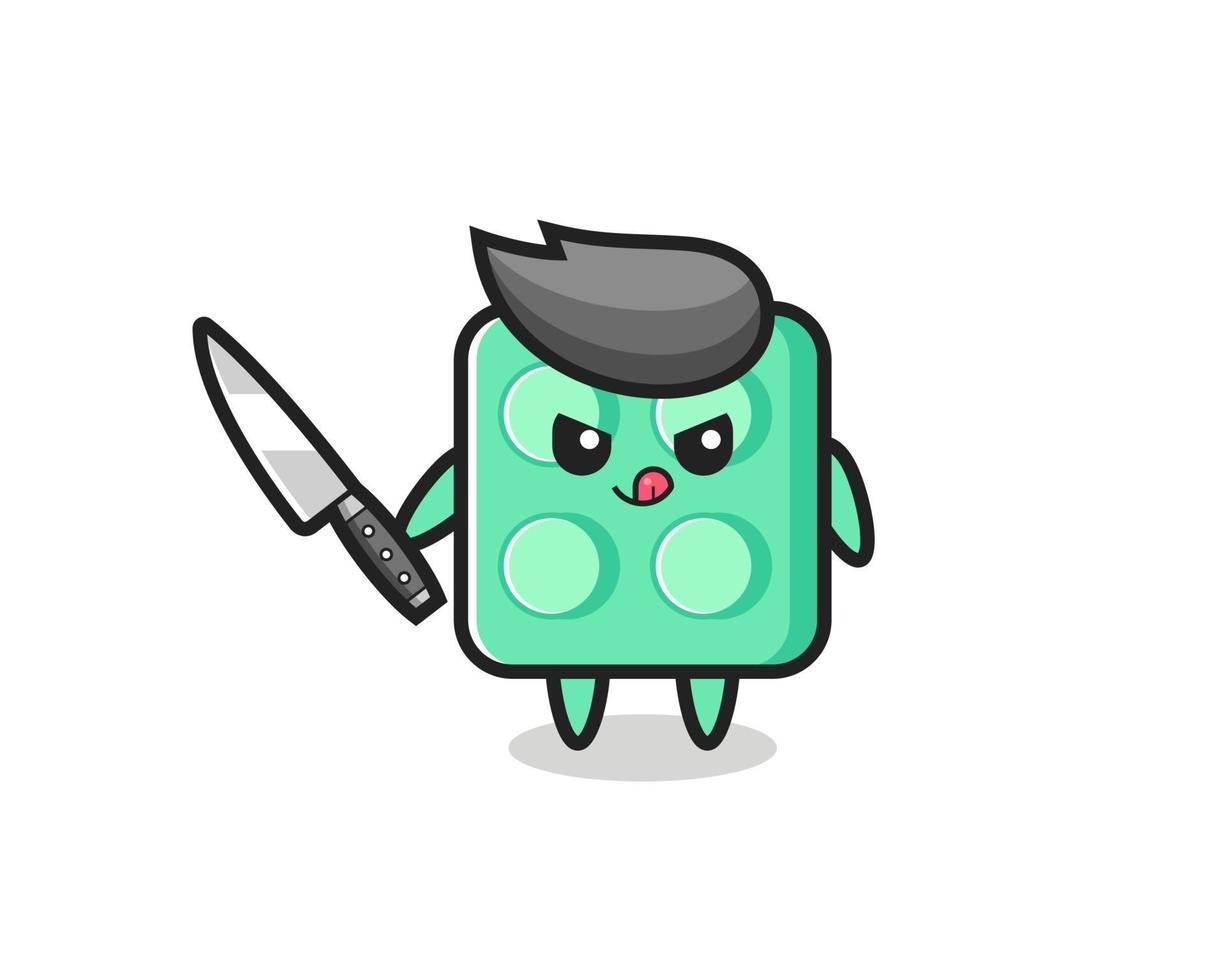 cute brick toy mascot as a psychopath holding a knife vector