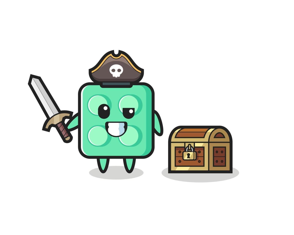 the brick toy pirate character holding sword beside a treasure box vector