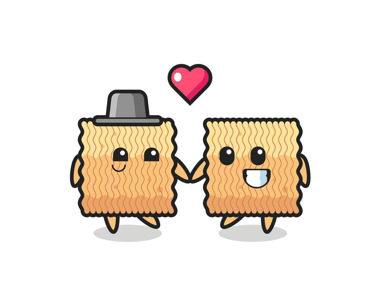 raw instant noodle cartoon character couple with fall in love gesture vector