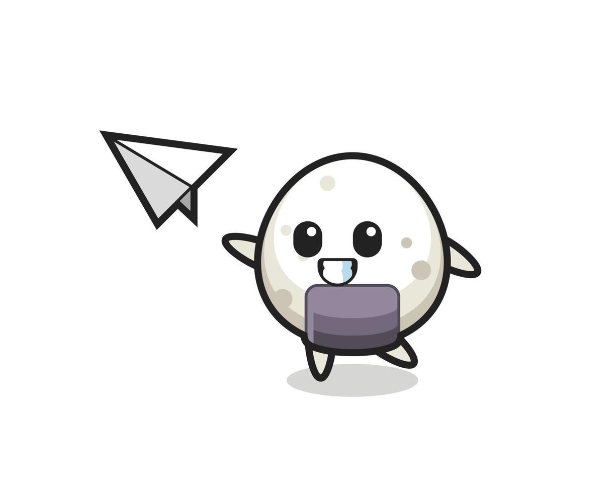 personaje de dibujos animados de onigiri lanzando avión de papel vector