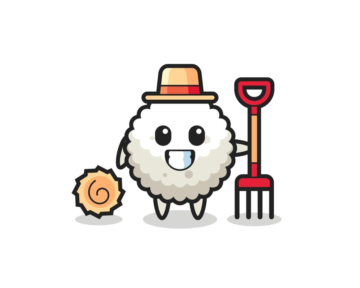 personaje de mascota de bola de arroz como agricultor vector