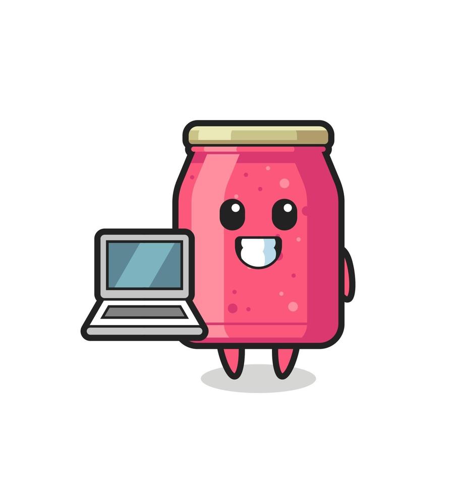 Ilustración de mascota de mermelada de fresa con una computadora portátil vector