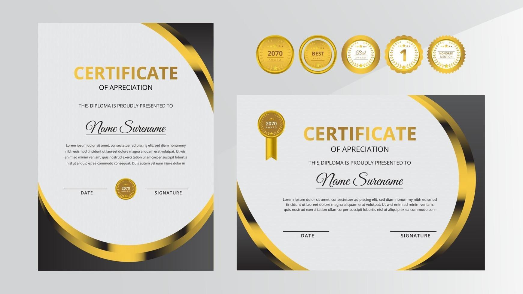 Gradient golden and black luxury certificate with gold badge set vector