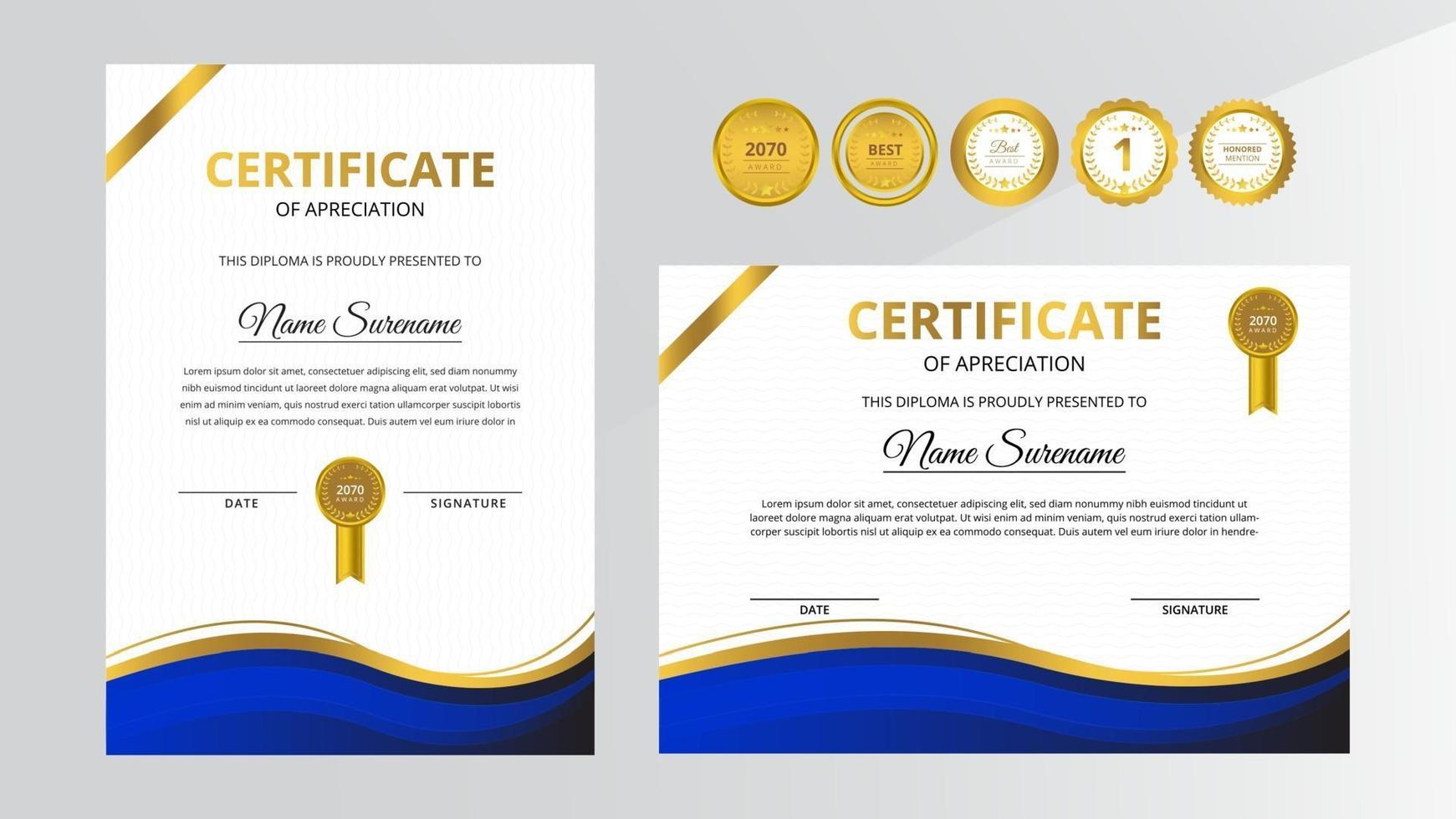 Gradient golden and blue luxury certificate with gold badge set vector