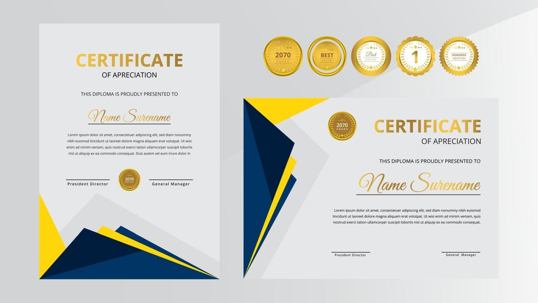 Gradient blue and yellow luxury certificate with gold badge set vector