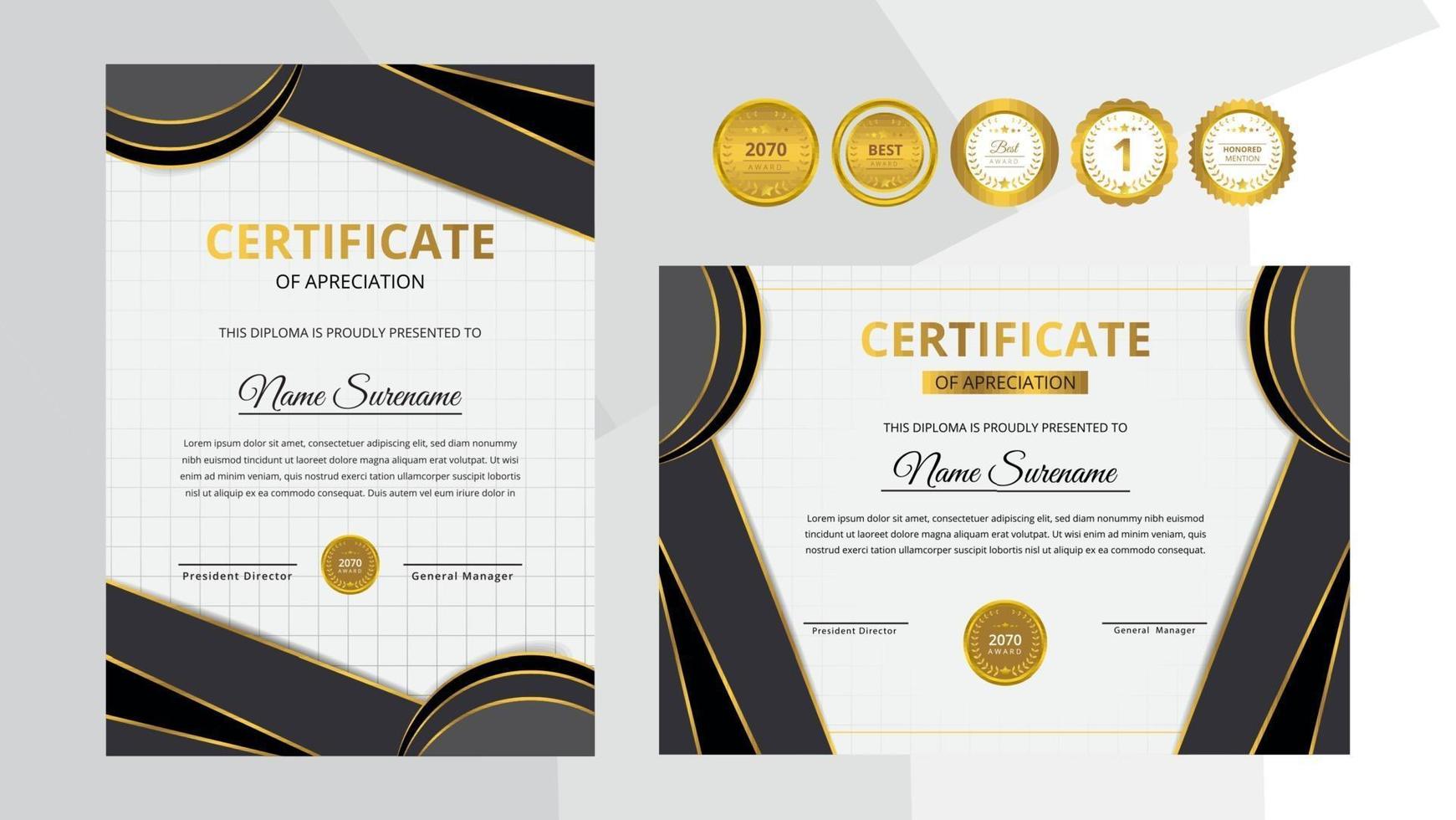 certificado de lujo dorado y negro degradado con conjunto de insignia dorada vector