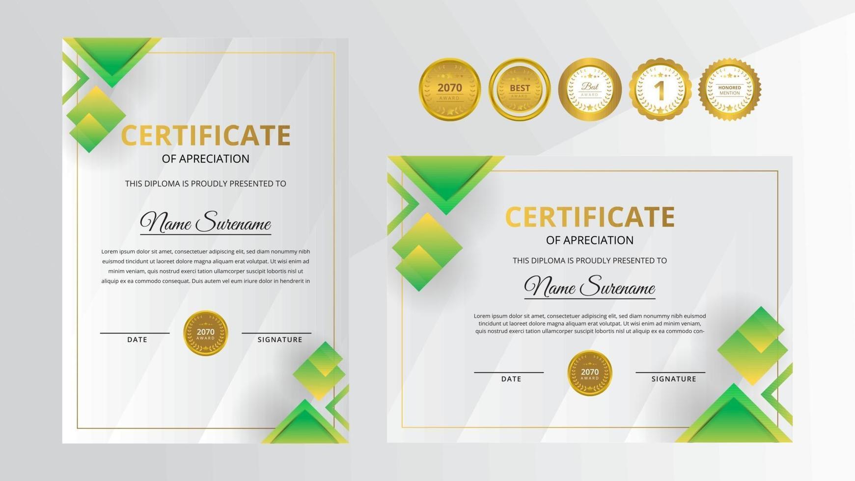 Gradient golden and green luxury certificate with gold badge set vector