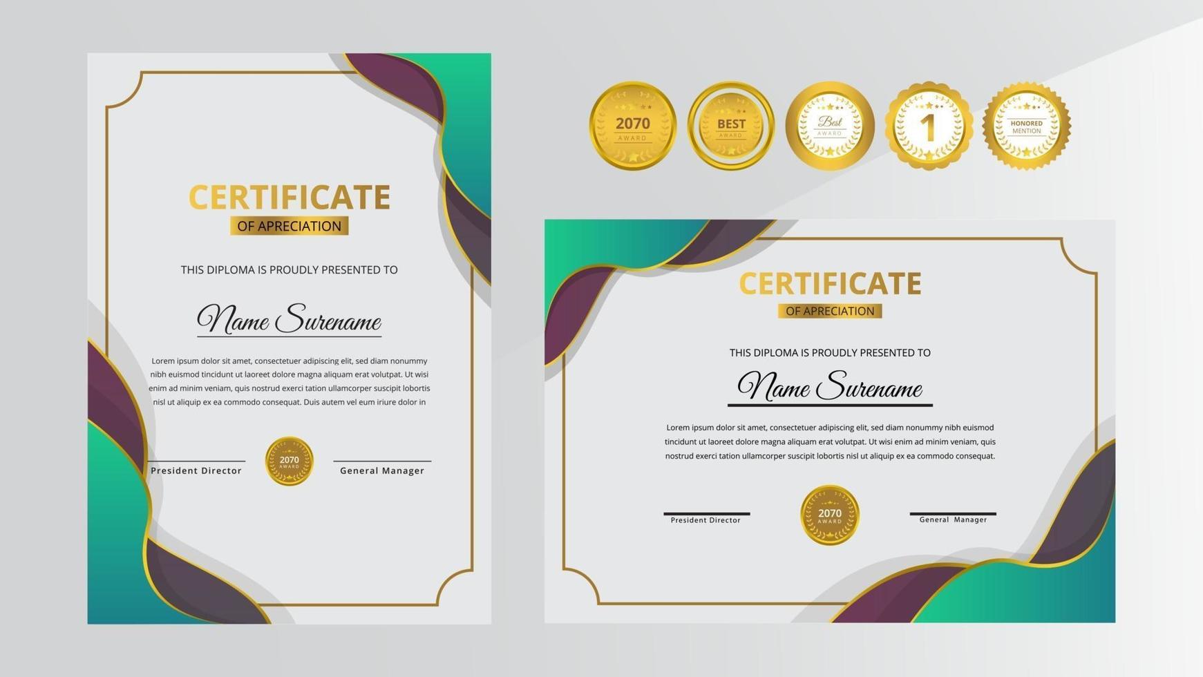 Gradient green and red luxury certificate with gold badge set vector