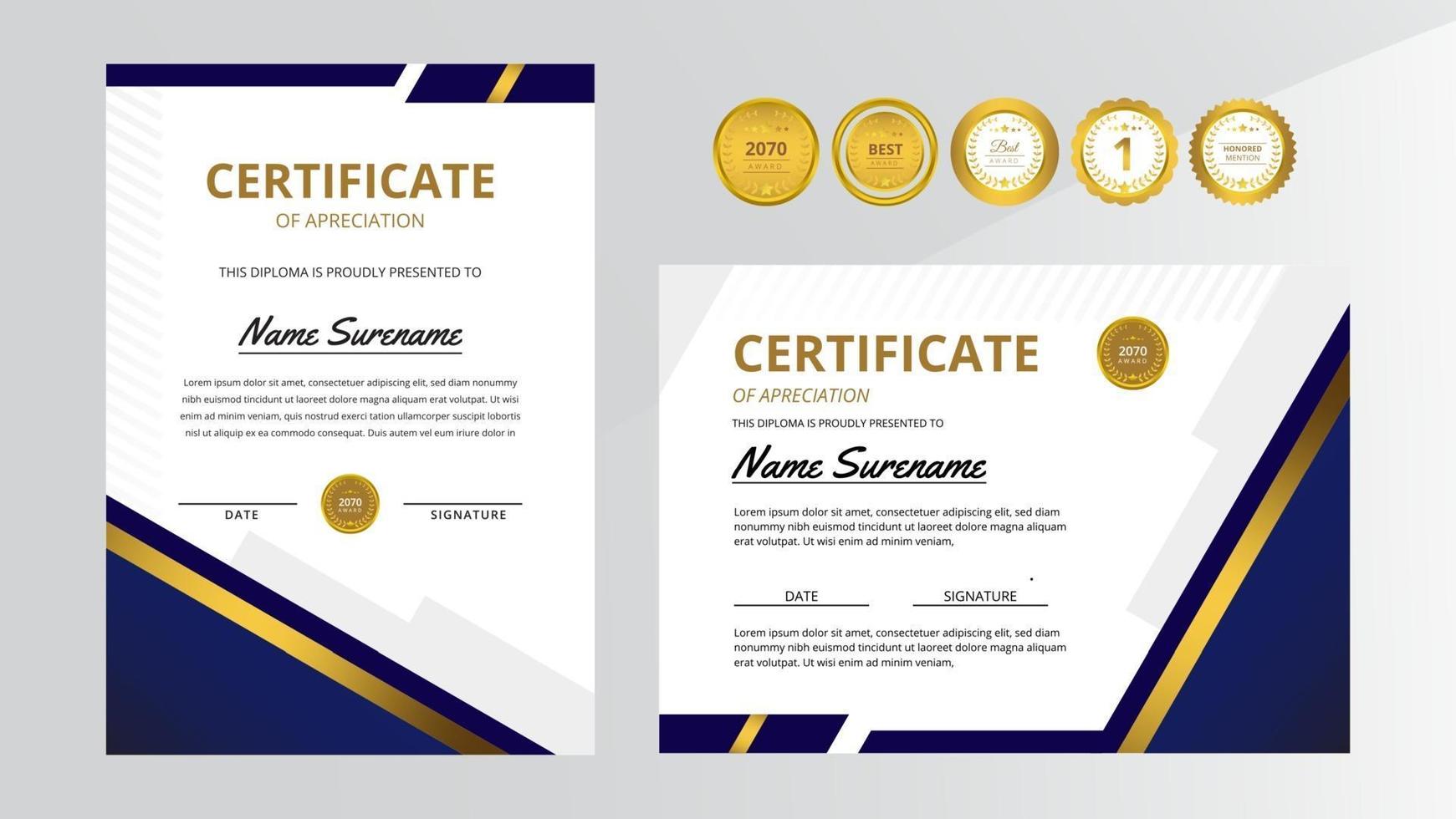 Gradient blue luxury certificate with gold badge set vector