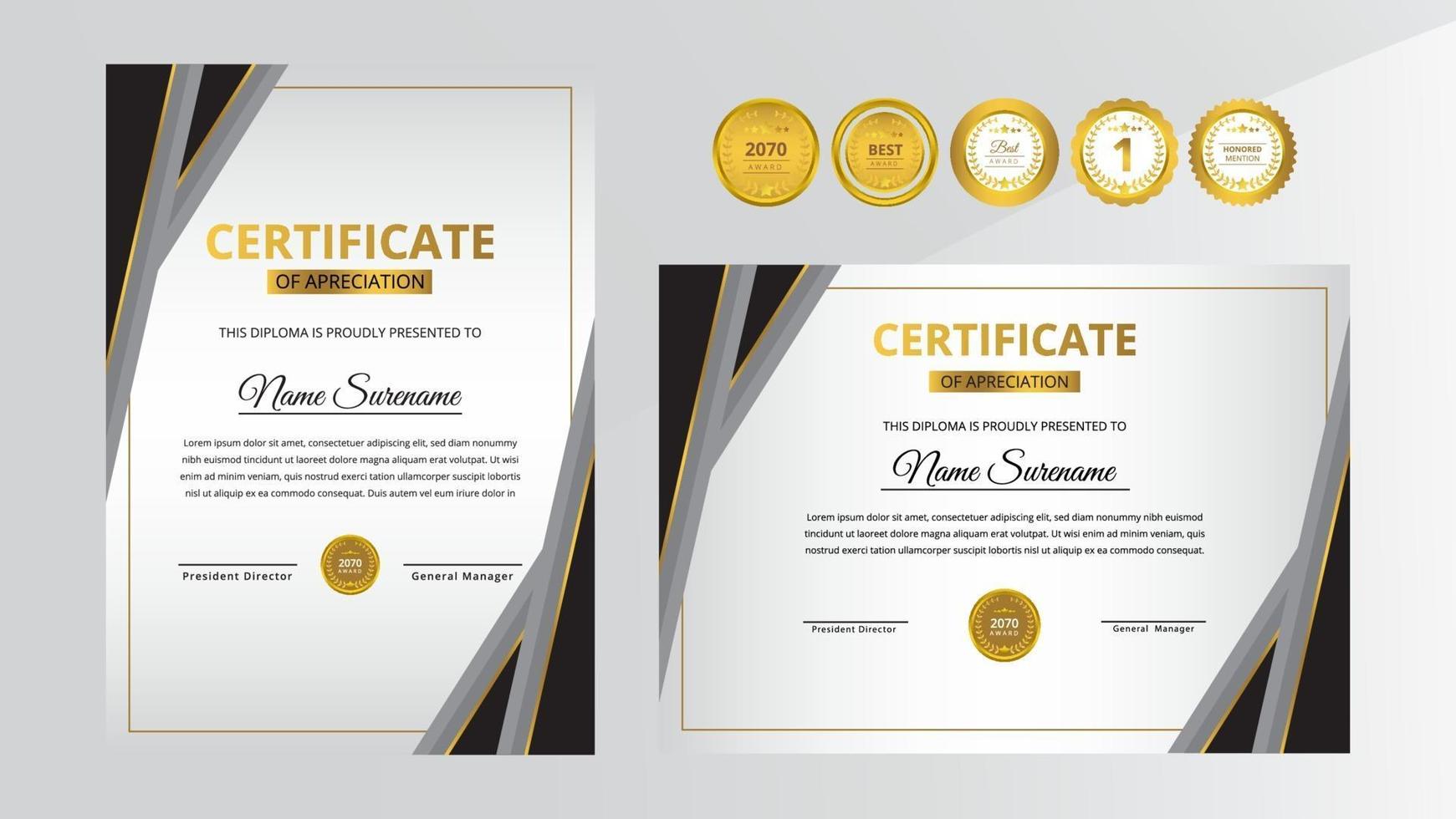 Gradient golden and black luxury certificate with gold badge set vector