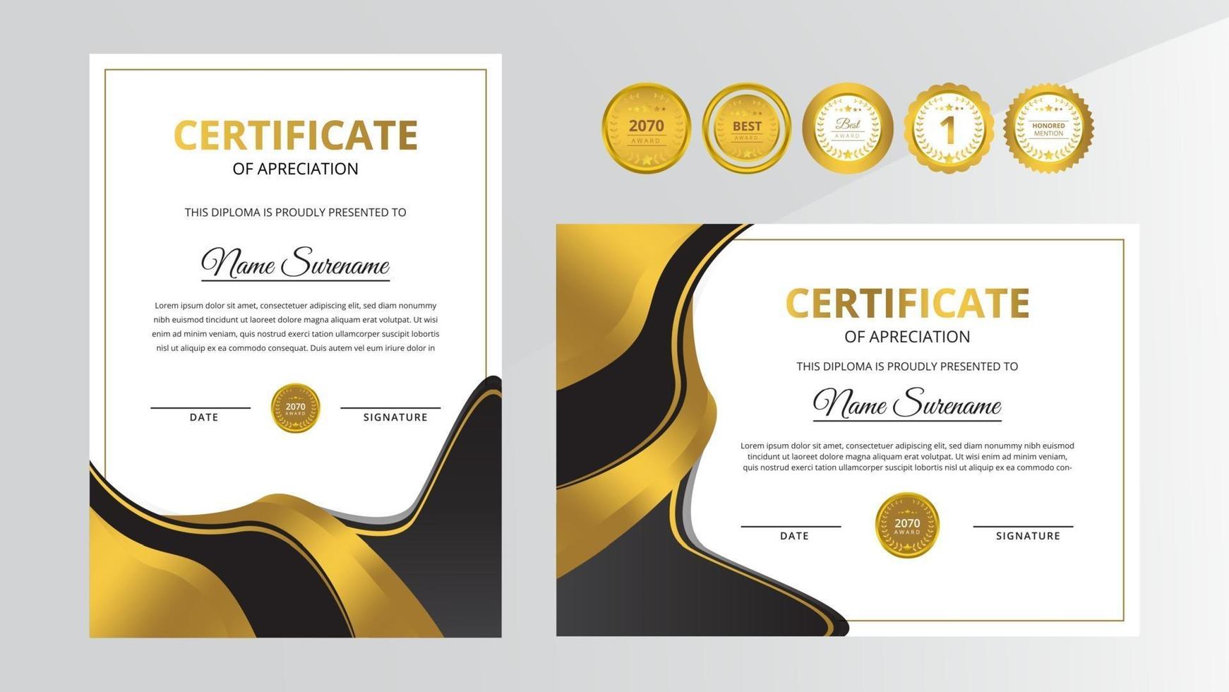 Gradient golden and black luxury certificate with gold badge set vector