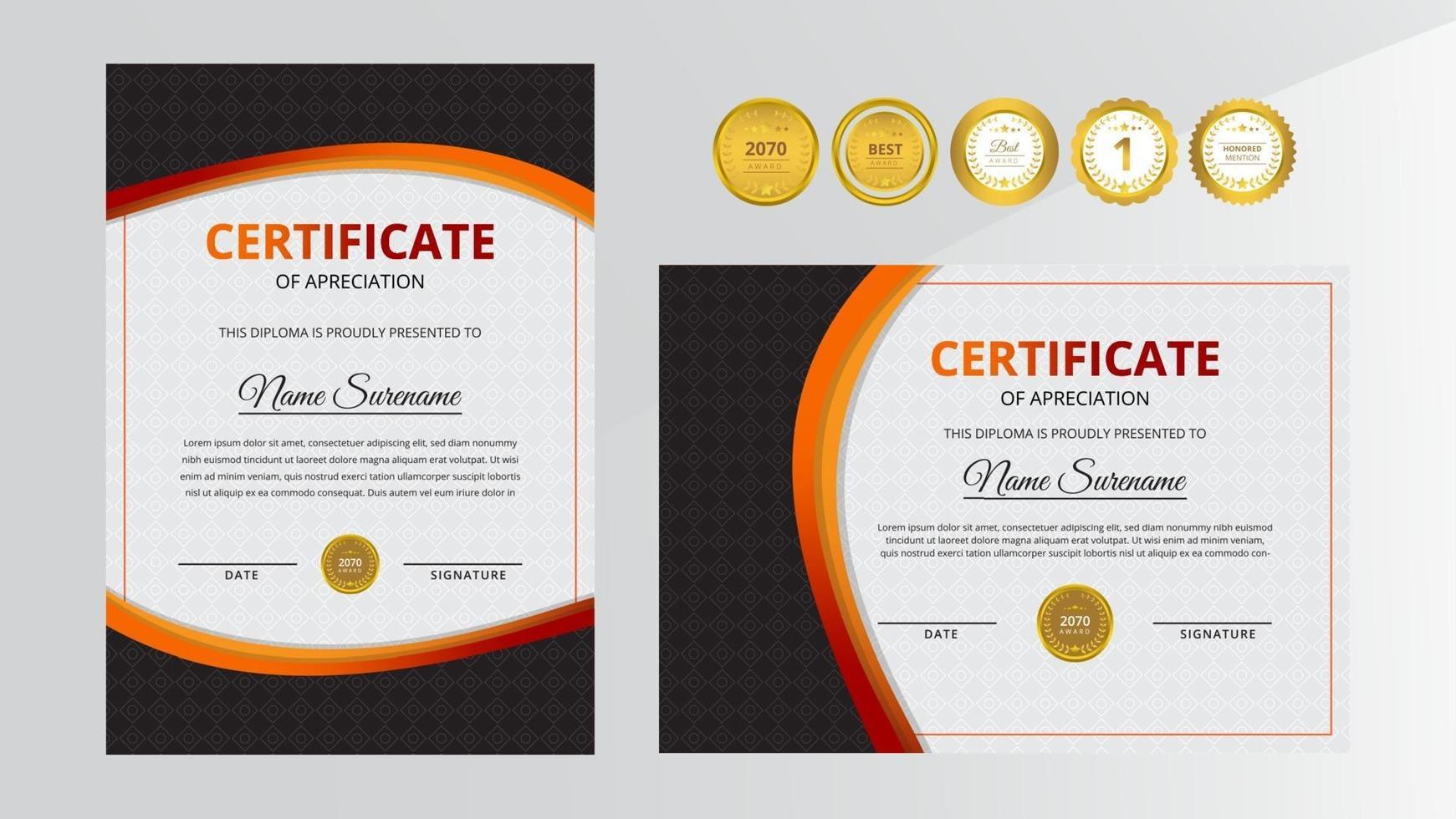 Gradient red and black luxury certificate with gold badge set vector