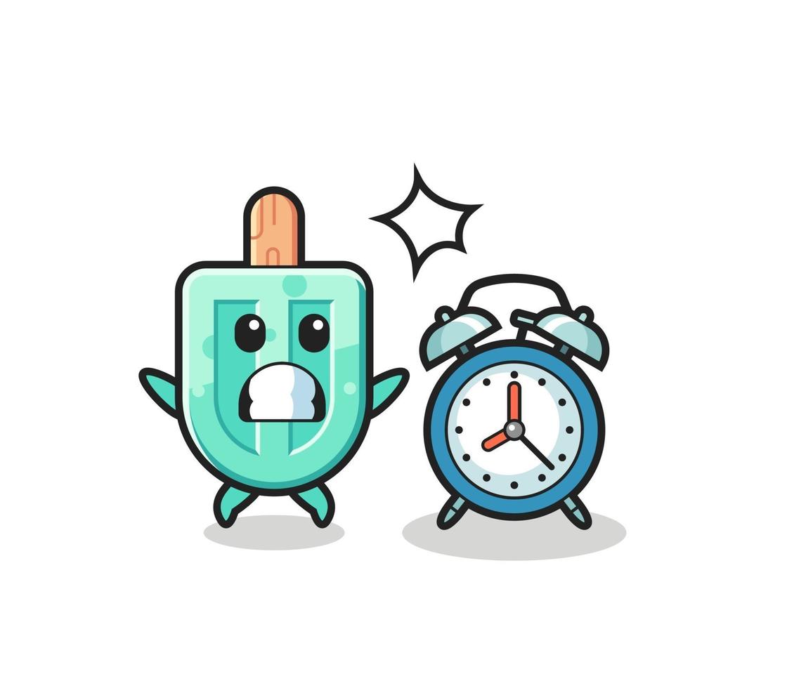 Illustration of popsicles is surprised with a giant alarm clock vector