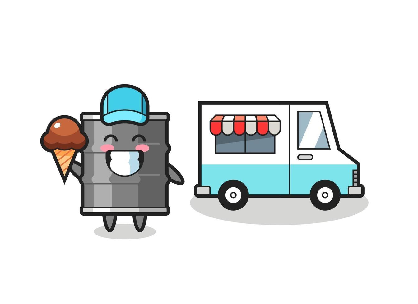 mascota, caricatura, de, tambor de aceite, con, camión de helados vector
