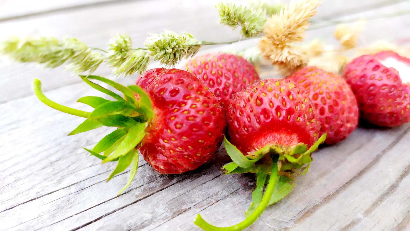 Fresas de primer plano con ramitas de cereal amarillo seco foto