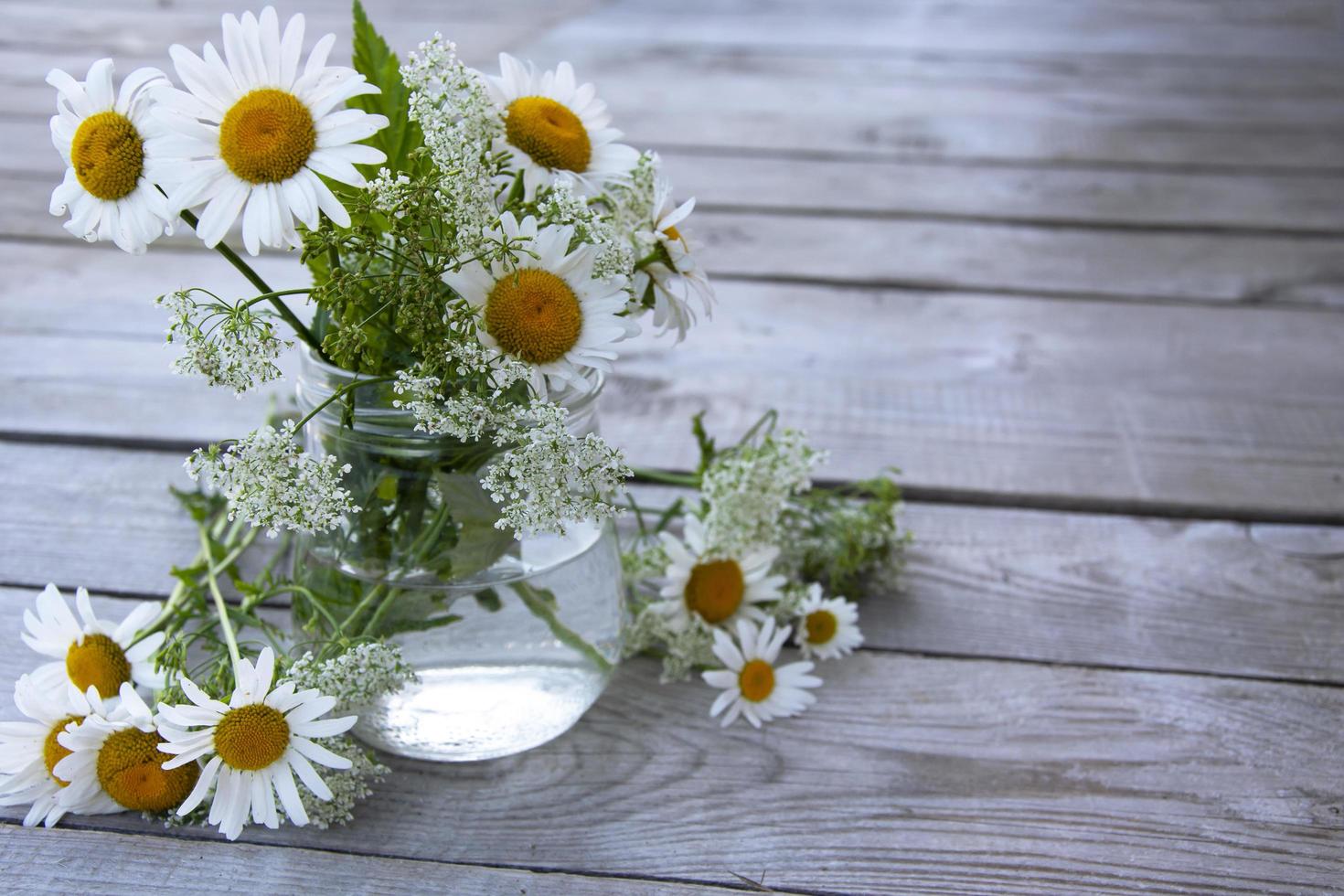 A bouquet of daisies in a glass jar. Floral background with place photo