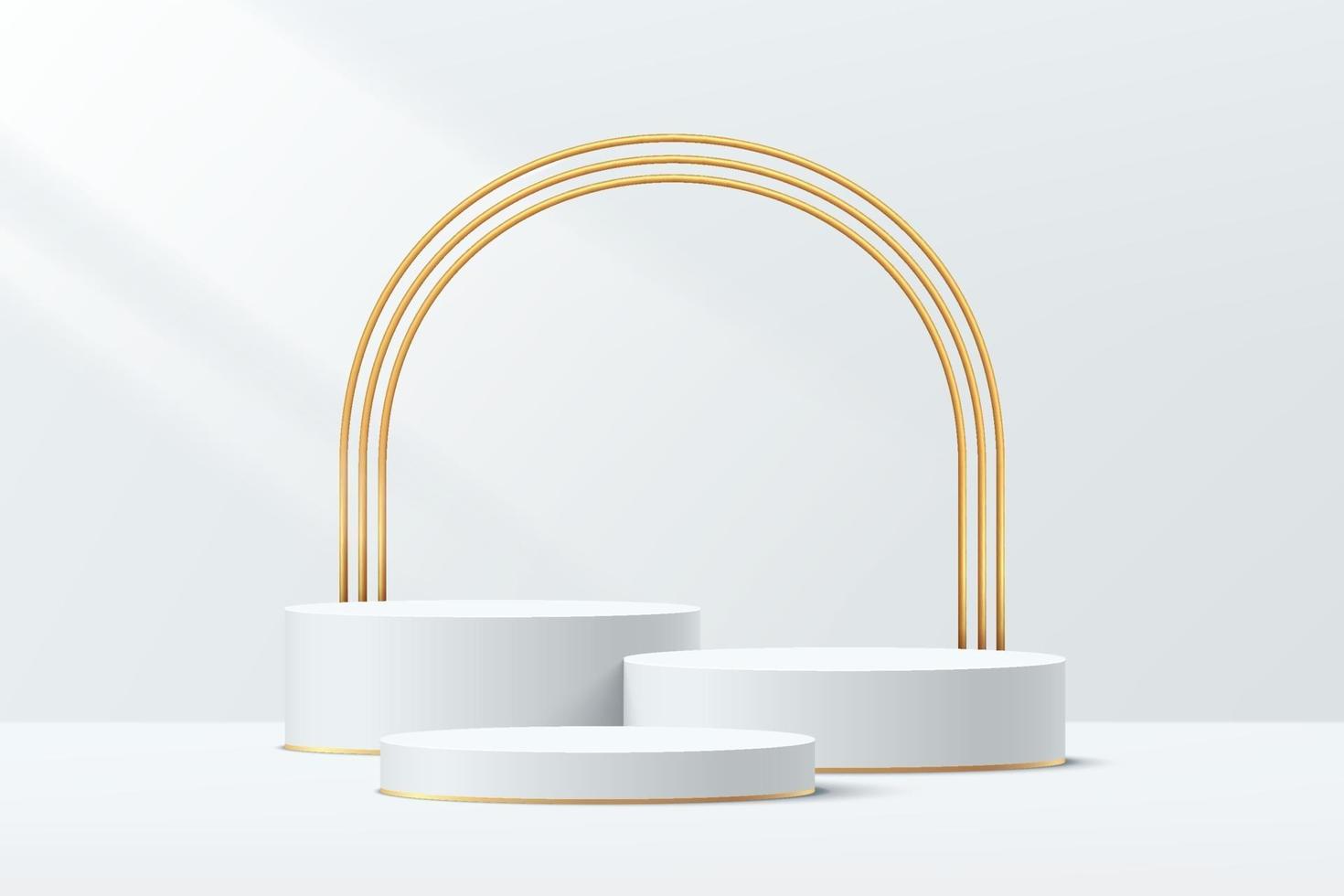 White, gold 3D geometric pedestal podium with luxury golden arches. vector