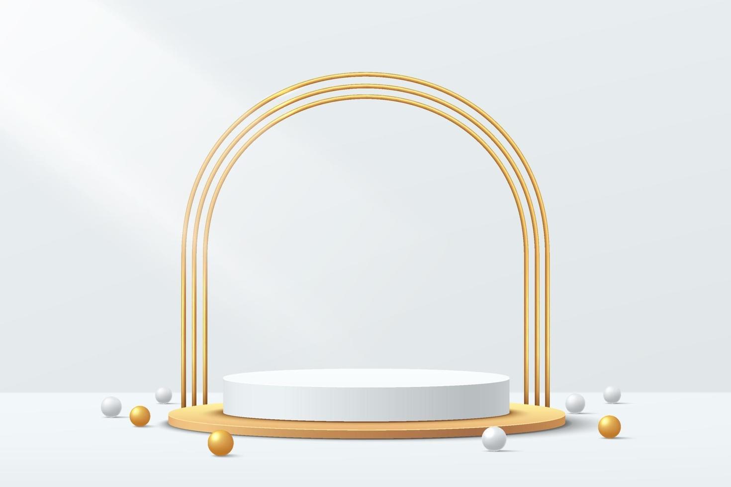 White and gold geometric pedestal podium with golden arches and ball. vector