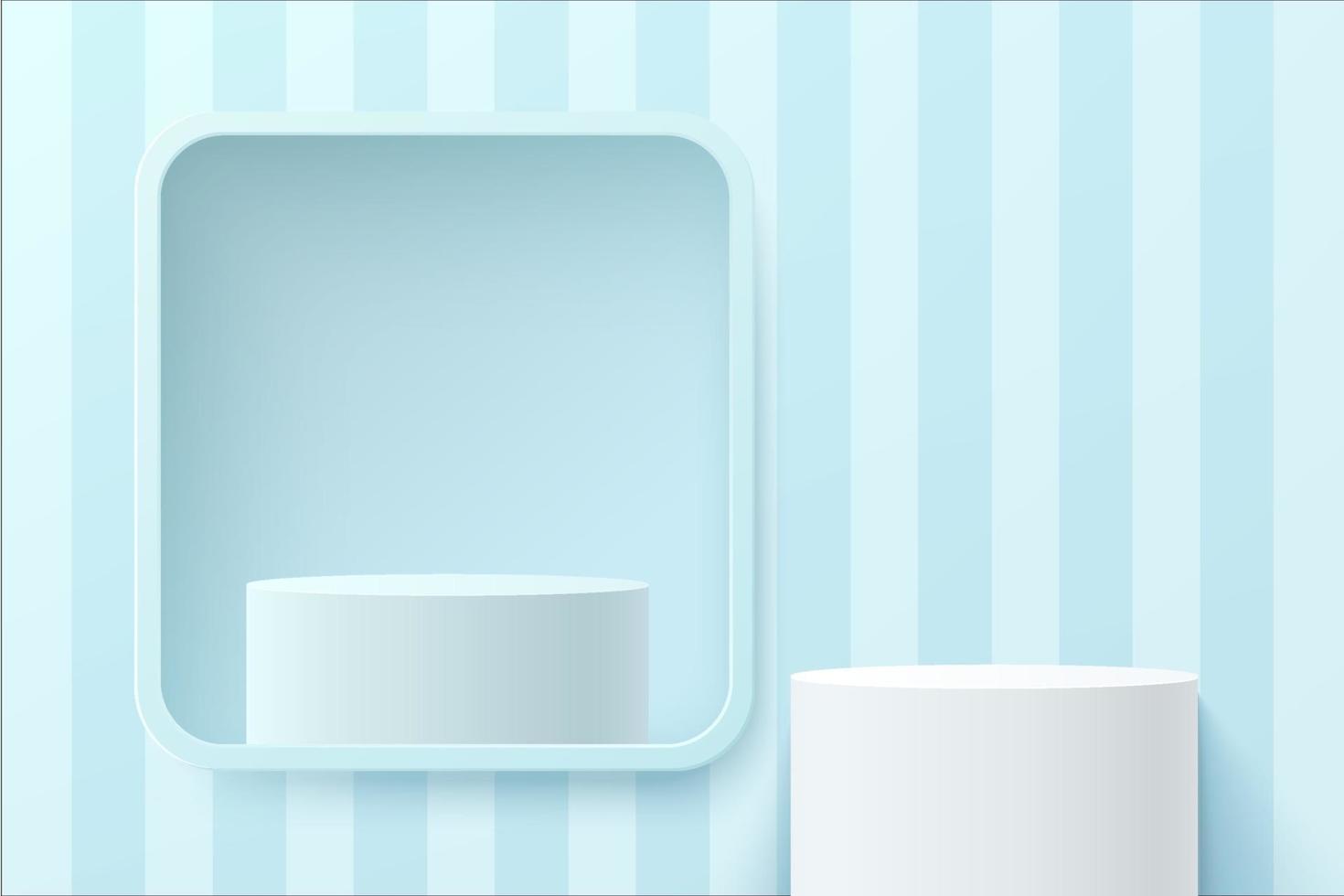 White geometric stand podium in window with blue stripes backdrop. vector