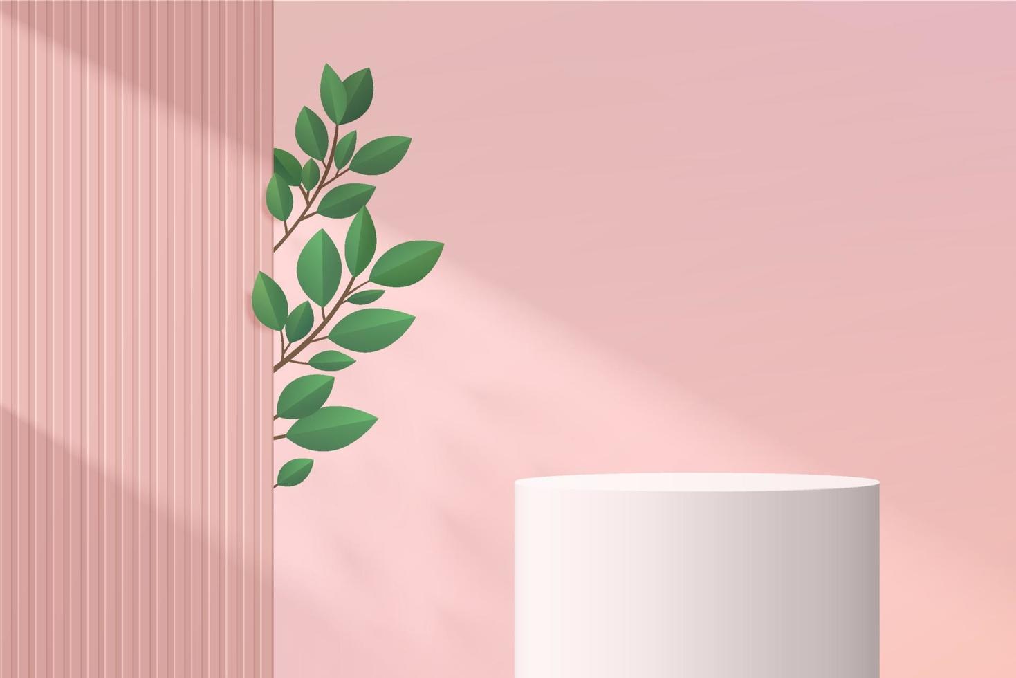 White geometric pedestal podium with Green leaf and shadow. vector