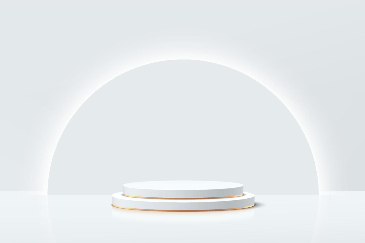 White, Gold geometric pedestal podium with glowing semi circle. vector